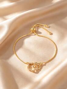 GEREIT 1pc Copper Micro-Inlaid Zirconia 14K Gold Plated Adjustable Cord Heart Moon Star Flower Bracelet - Gold - View 10