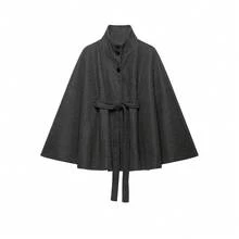 DEEKA Autumn/Winter New Women's European And American Style Fashion Minimalist High Neck Belted Cape Coat - Dark Grey - View 2