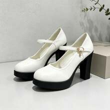 Geeyea Vintage High-Heel Mary Jane Shoes For Women,Round-Toe Block-Heel Slip-On Shoes With An Ankle Strap Buckle,Mary Jane Shoes - 白色 - 查看 4