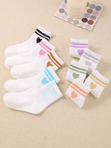 5 Pairs Kids White Random Striped & Heart Pattern Elastic Soft Socks, Suitable For Daily Wear And Sports, Versatile Casual, Breathable & Comfortable, Fit For 1-14 Years Old Children And Teenagers - Multicolor - View 4