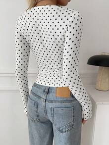 SCARLUX Fall Y2K Women Basic White Polka Dot Long Sleeve Top, Sweetheart Neck Ruched Slim Tee For Back To School Daily Street Outfits - White - View 11