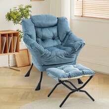 Lazy Chair, Comfy Chairs With Foldable Footstool And A Side Pocket, Simple Style Small Chairs For Bedroom Living Room Balcony - 藍色 - 查看 1