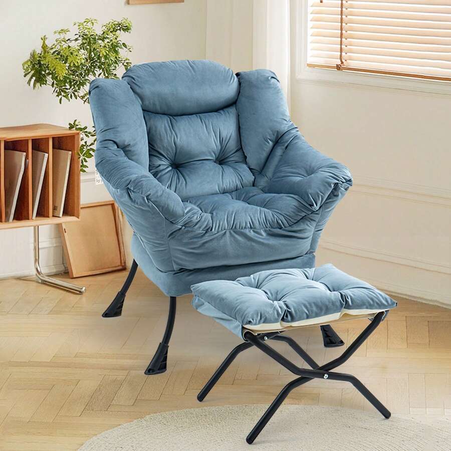 Lazy Chair, Comfy Chairs With Foldable Footstool And A Side Pocket, Simple Style Small Chairs For Bedroom Living Room Balcony - 藍色 - 查看 1