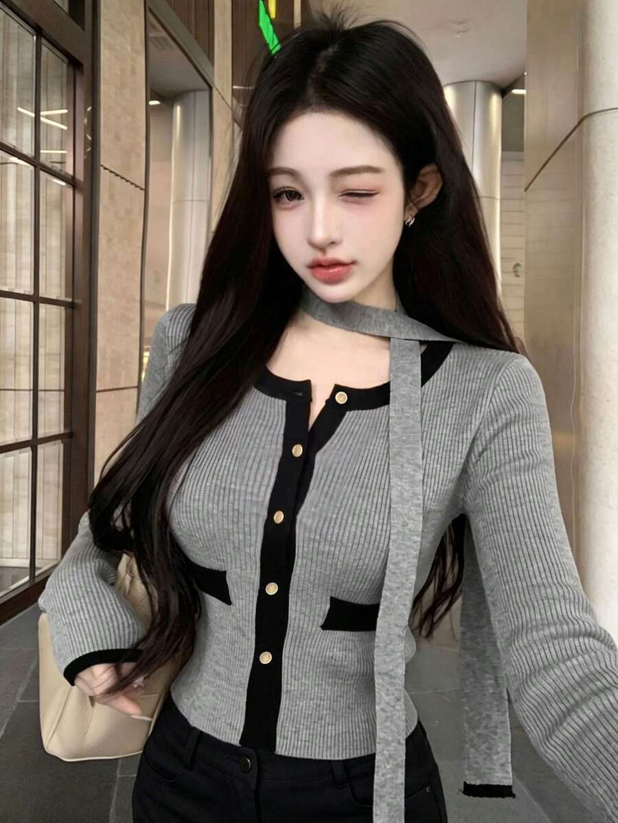 2026法式風拼色緞帶羅紋針織上衣,彈性羅紋面料,18-35歲女性修身針織開襟衫,秋季款 - 花灰色 - 查看 1