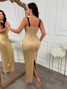 AIJ Women's Luxury Gold Strap Long Dress, Black Bow Sleeveless Backless Slit Bodycon Dress, Elegant Sexy Autumn Wedding Guest Party Banquet Outfit Summer - Gold - View 2