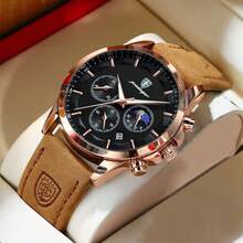 POEDAGAR 1pc Men's Casual PU Leather Band Luminous Waterproof Calendar Multifunction Stainless Steel Quartz Watch, Suitable For Daily Business, Gift Souvenir - Multicolor - View 10