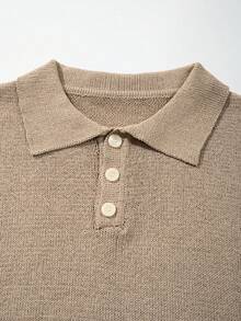 Men's Neutral Polo Collar Knit Sweater, Daily Commute Casual Versatile Solid Color Old Money Business Loose Short Sleeve Knit Top, Spring/Summer - Khaki - View 6