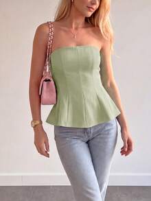 QUNGIGU Women's Bandeau Top With Flared Hem And Ruffle Detail, Elegant Summer Outfit For Outings, Dates, Birthday Parties - Green - View 1