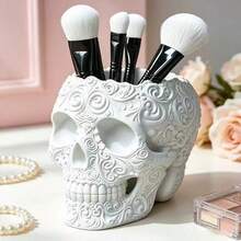 Skull Makeup Brush Holder/Pen Holder Storage Box, Upgraded Plant-Based PLA Gypsum Texture 3D Printed Desktop Organizer, Lightweight Office Supplies Storage Box, Ideal Gift For Home Office - A - View 5