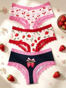 3pcs/Pack Sweet Strawberry Bow Print Lace Trim Comfortable Pink Women's Triangle Panties Set - Multicolor - View 3