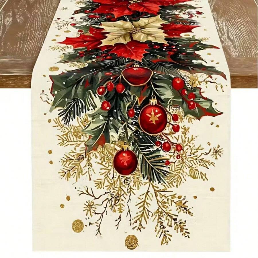 1 Set Of Linen Table Runner, Holly And Red Gold Christmas Decoration Ball Pattern. Durable Indoor And Outdoor Holiday Table Flags, Suitable For Kitchen, Restaurant, And Christmas Party Decoration, Holiday Themes, And Home Decor.
