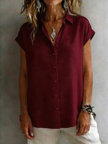 Women's Fashionable Short Sleeve Collared Shirt, Versatile Loose Casual Commute Vest Top, Solid Color Button Front, Daily Wear Summer - Burgundy - View 4