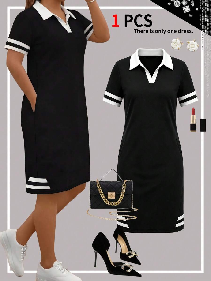 Spring Summer Autumn New Fashion Casual Versatile Patchwork Striped Contrast Color Solid Short Sleeve Polo Collar Pocket Dress Elegant - Black - View 1