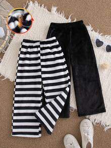 Multi-Piece Set Girls' Casual Fashion Striped Design Straight Leg Pants Double-Sided Fleece Thickened Warm Autumn/Winter - Multicolor - View 1