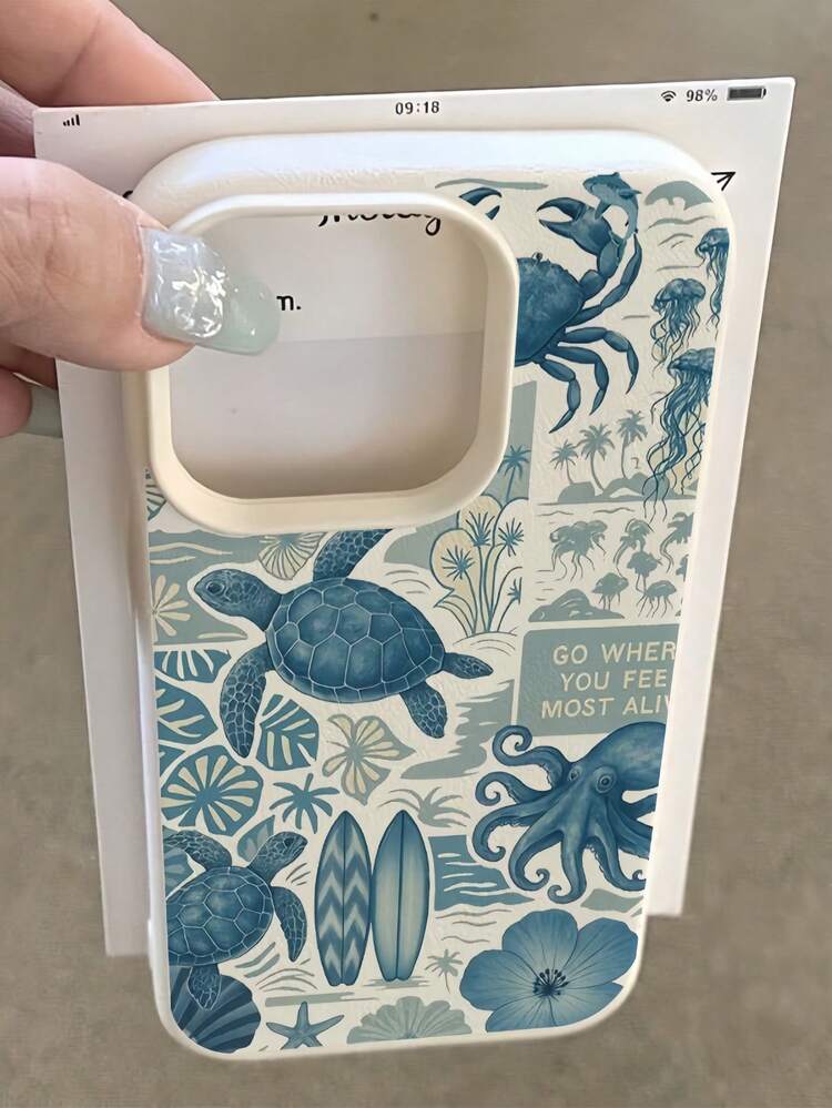 1pc White Matte Minimalist Lens Protection Blue Sea Turtle Surfboard Pattern Phone Case Personalized Compatible With IPhone 16 Pro Max/17/16/15/14 Plus/13/12/11/Air And Series - Multicolor - View 1