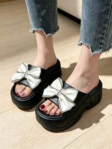 Women's Rhinestone Bow Platform Slide Sandals, EVA Thick Sole Open Toe Slippers, Height-Increasing Sandals, Suitable For Indoor And Outdoor Wear - Style C-black - View 4
