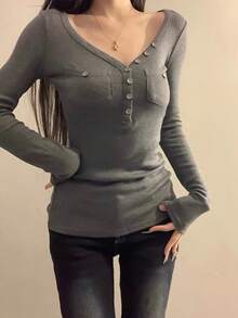 Sexy V-Neck Fitted Long Sleeve Knit Top, Waist-Cinching Inner Layer, Autumn T-Shirt For Women - Dark Grey - View 7