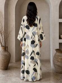 Hafizah Women's Printed Long Sleeve Hooded Robe Jacket With Headscarf, Abaya - Apricot - View 4
