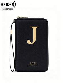 FOREVER MIYIN RFID Blocking Passport Holder Travel Essential, Alphabet Print Zipper Document Organizer With Wrist Strap, Multi‑Slot Travel Wallet For Vacation Trip - Black - View 24