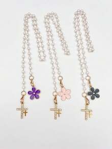1pc/3pcs, Charming Double Cross Flower Pearl Chain Mirror Decor, Cute Pink Five-Petal Flower Car Rearview Mirror Hanging Ornament, Car Interior Accessory, Women's Car Essential, Ladies Room Decor, Bag Charm, Fun Gift - A - View 13