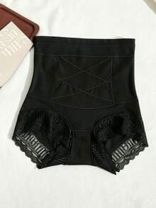 1pc Women's Cross Pressure High Waist Lace Panties, Tummy Control, Butt Lift, Breathable & Lightweight, Everyday Underwear - Black - View 3