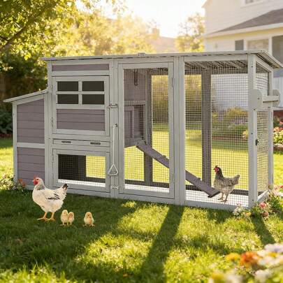 Gallinero de madera grande con caja de anidación y corral, jaula de aves de corral para exteriores con rampa antideslizante y bandeja extraíble para patio trasero, granja y césped, estilo granja, gris, 1 pieza