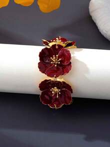 1pc Burgundy Vintage Luxury Bracelet Ancola Red 3D Double Layer Flower Bead Bracelet For Women Daily Wear - Burgundy - View 4