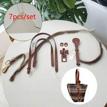 7pcs Handmade DIY Straw Handbag PU Accessories Kit, Hand-Sewn Vintage Bucket Bag Material Set, Adjustable One Shoulder Crossbody Strap + Bag Charm Set, Suitable For DIY Craft Enthusiasts, Bag Decoration And Modification - Multicolor - View 4