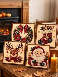 DIY Christmas Pearl & Diamond Art Kit, Includes Beads And Gem Stickers, Handmade 3D Holiday Decor, Adult Gift, Parent-Child Interactive Activity, 4 Classic Beaded Decoration Designs - A - View 4