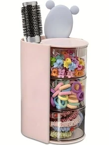 1Pc 3-Tier Rotatable Makeup Organizer, 180° Rotation Clear Cosmetic Storage Box, Multifunctional Holder For Makeup Brushes, Sponges And Hair Accessories, Perfect Holiday Gift - Pink - View 9