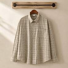 Loose Plaid Button Down Shirt Point Collar Long Sleeve Retro Casual Daily Top - Light Brown - View 4