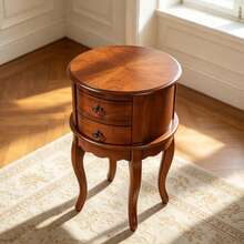 Solid Wood Round Side Table, Vintage Decorative End Table, Multi-Functional Small Round Coffee Table, Balcony Living Room Plant Stand, Home Decor Side Table, In Stock - Maroon - View 2