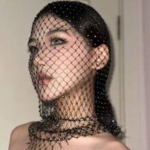 1pc Rhinestone Fishnet Face Mask Sparkle Mesh Full Face Cover Gothic Y2K Head Veil For Women HalloweenMusic Festival Nightclub Party CostumeAccessory - Multicolor - View 10