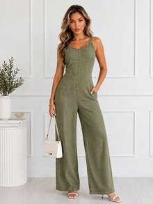 Women's Denim Effect V-Neck Sleeveless Ruched Waist Wide Leg Casual Jumpsuit With Side Pockets Summer Elegant - Army Green - View 2