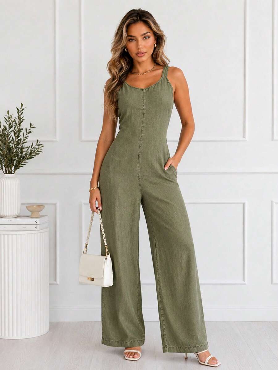 Women's Denim Effect V-Neck Sleeveless Ruched Waist Wide Leg Casual Jumpsuit With Side Pockets Summer Elegant