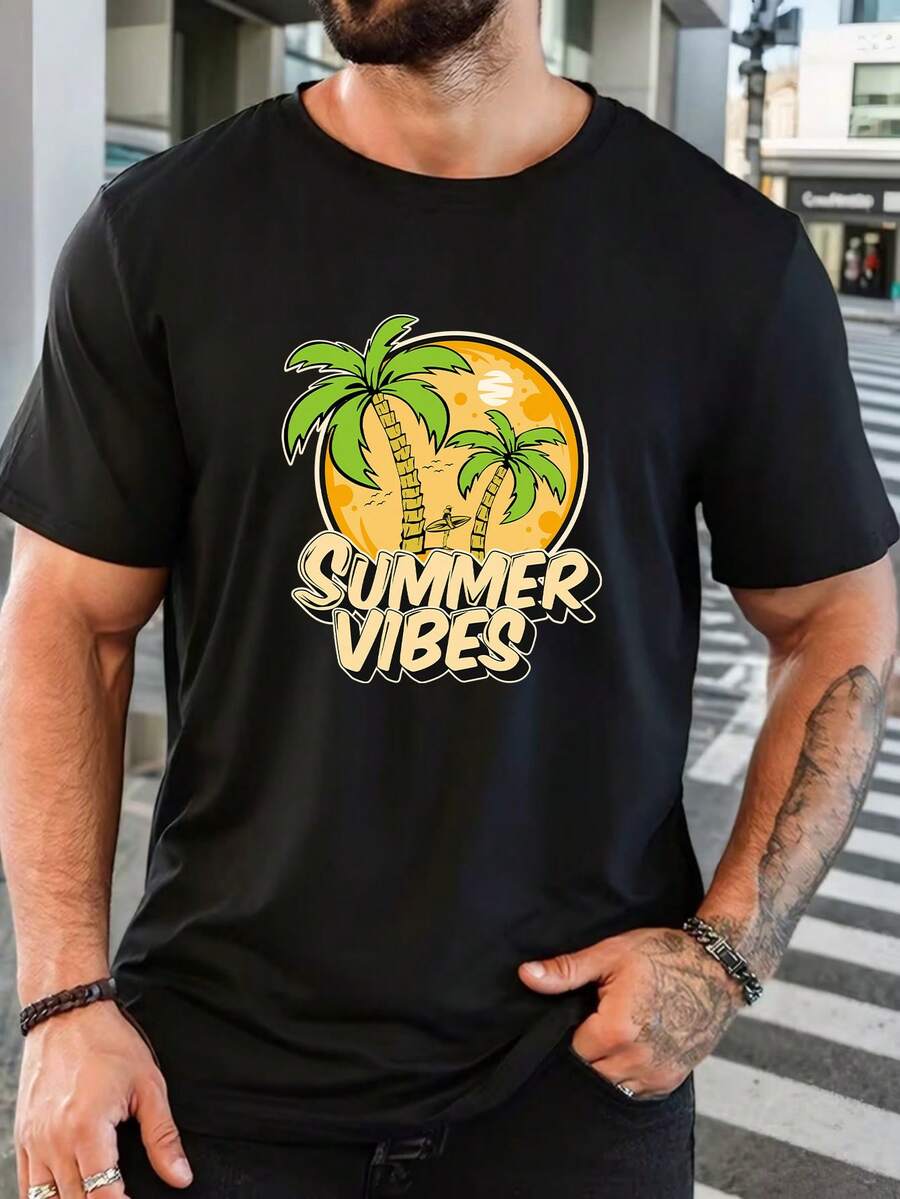 New Men's Pure Cotton Short-Sleeved T-Shirt Casual Summer Style Everyday Basic Comfortable Breathable Tee - 黑色 - 查看 1