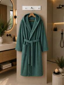 Cloudy Cotton Hooded Self-Patterned Unisex Adult Bathrobe - Mint Green - View 3