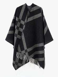 1pc Men's Vintage British Plaid Fringe Shawl Coat, Thickened Warm Front Open Cape Style Knitted Cardigan Shawl - Multicolor - View 7