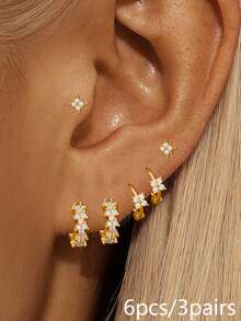 6pcs/Set Stainless Steel 18K Gold Plated Women's Earrings, Mini Zirconia Flower Cartilage Spiral Piercing Jewelry, Personalized Gift - 2 Gold - 6 PCS - View 3