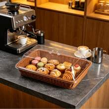 1pc Woven Rattan-Style Basket With Transparent Dust Cover, Multi-Functional Food Display Tray For Bread, Fruit, Pastries, Suitable For Kitchen, Restaurant, Bakery, Summer Picnic, Home Kitchen Decor - Multicolor - View 10