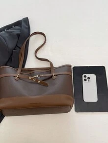 女款復古大容量手提包，時尚百搭休閒極簡通勤單肩托特包 - 咖啡 - 查看 4