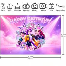 KPop Demon Hunters Kpop Theme Birthday Backdrop Banner, K-Pop DemonHunters Character Banner, Neon Glowing Disco Ball & Music Note Design, With HAPPY BIRTHDAY Text, Suitable For Photo Booth Party Decoration - Multicolor - View 10