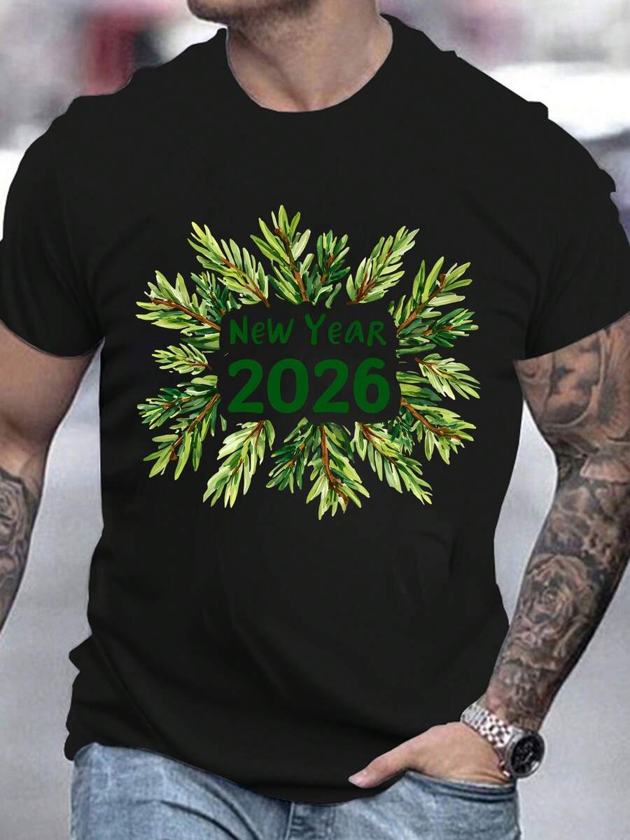 2026 New Men's Pure Cotton Short-Sleeve T-Shirt Casual Oversized New Year Graphic Print Daily Wear Top - Black - View 1