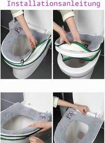 1 Piece Plush Thick Warm Washable Toilet Seat Cover With Handle And Zipper, Grey, Bathroom - Grey - View 3