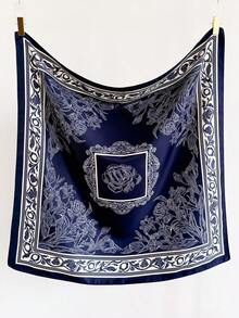 1pc Fashionable Women's Color Block Versatile Printed Polyester Scarf Square - Navy Blue - View 2