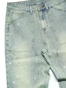 Celana Jeans Pria Streetwear Gaya Vintage dengan Hiasan Berlian Imitasi dan Potongan Lurus - Light Wash - View 4