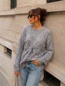 Women's Cozy Knit Bow Detail Sweater Soft Gray Long Sleeve Pullover For Fall Daily Wear - Grey - View 2