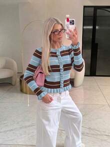 Women's Autumn/Winter Casual Elegant Blue Striped Contrast Color Metal Button Ruffle Knit Long Sleeve Cardigan Top, Back To School Sweater - Blue - View 3