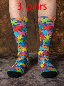 1/3 Pairs Rainbow Color Puzzle Block Pattern Mid-Calf Socks, Men's Mid-Calf Socks, Novelty And Fun, Interesting Christmas Gift - Multicolor - View 11