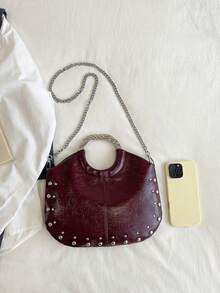Solid Color Rivet Decoration Handbag, Minimalist And Fashionable Versatile Shoulder Crossbody Retro Armpit Bag, For Daily Commuting Use - Burgundy - View 7